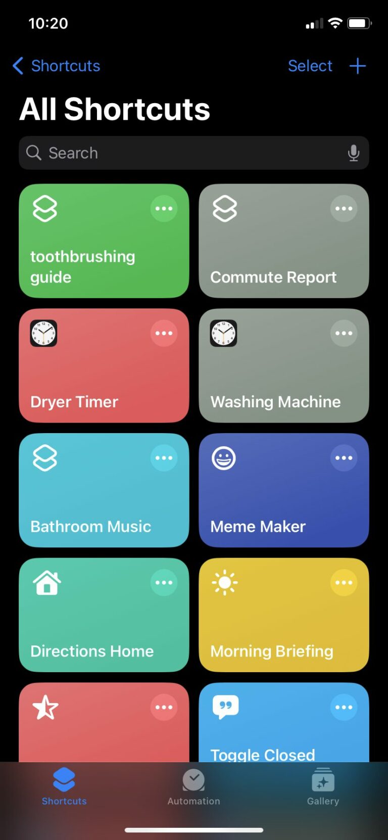 The Apple shortcuts home screen